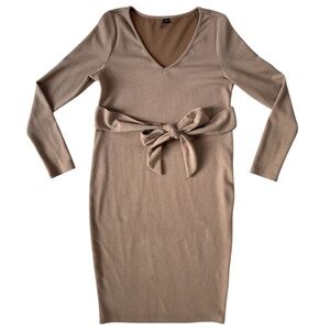 SHEIN Maternity Sweater Rib-Knit V Neck Belted Bodycon Dress Stretch Apricot L